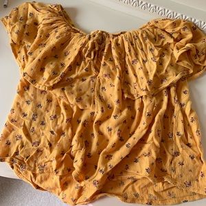 yellow off the shoulder lace up short sleeve top